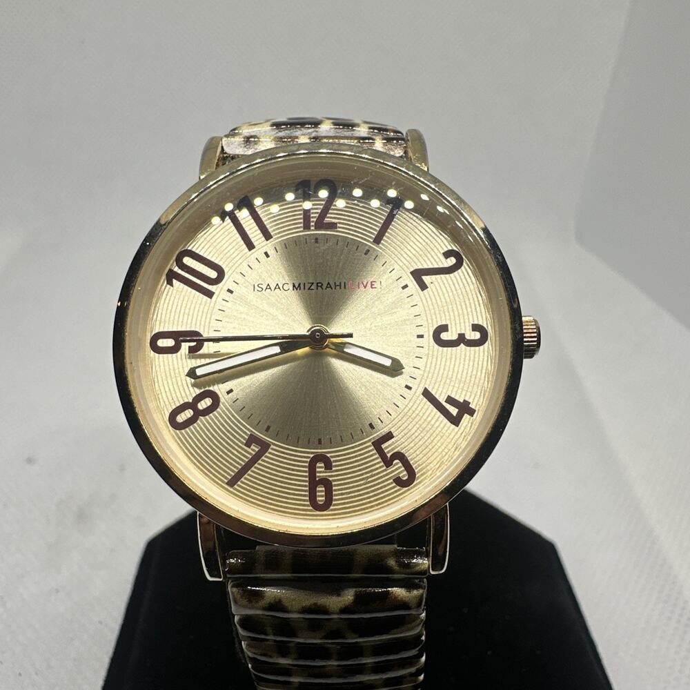 Isaac Mizrahi Live Women's Watch Gold Dial Animal Print Stretch Band Round Case